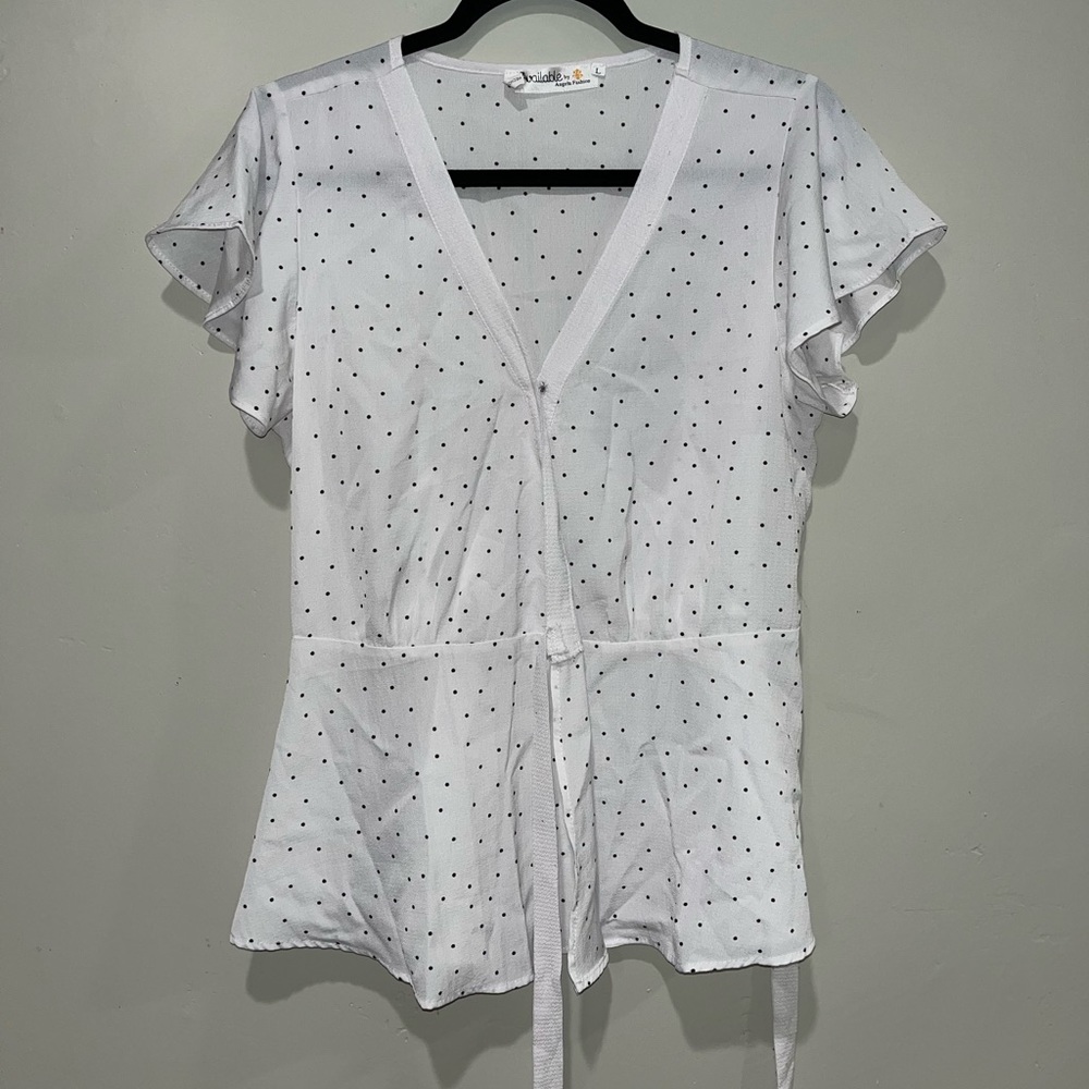 Available By Angela Fashion White Polka Dot Wrap Blouse Women's Size Large